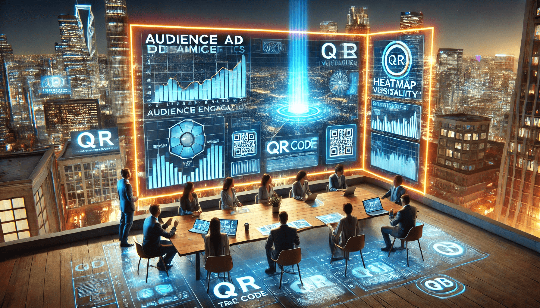 広告の効果測定データを分析するビジネスチームのシーン