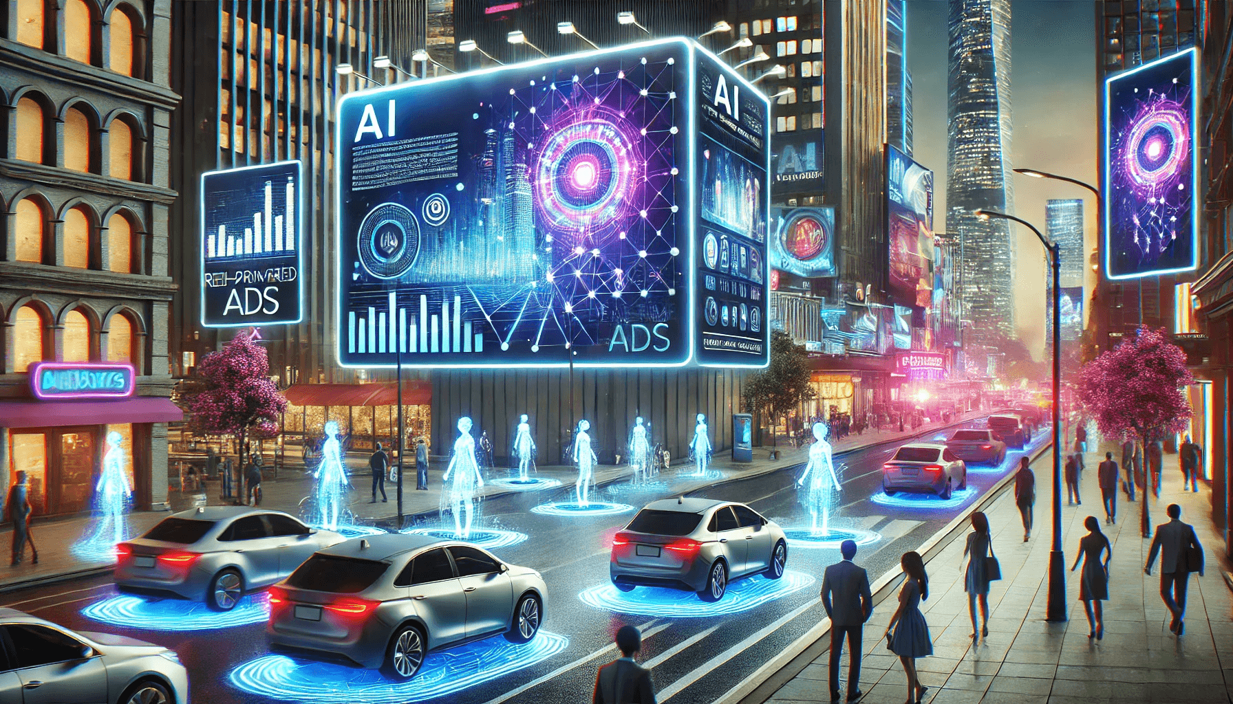 未来の都市で、AIがリアルタイムに最適な屋外広告を表示する様子