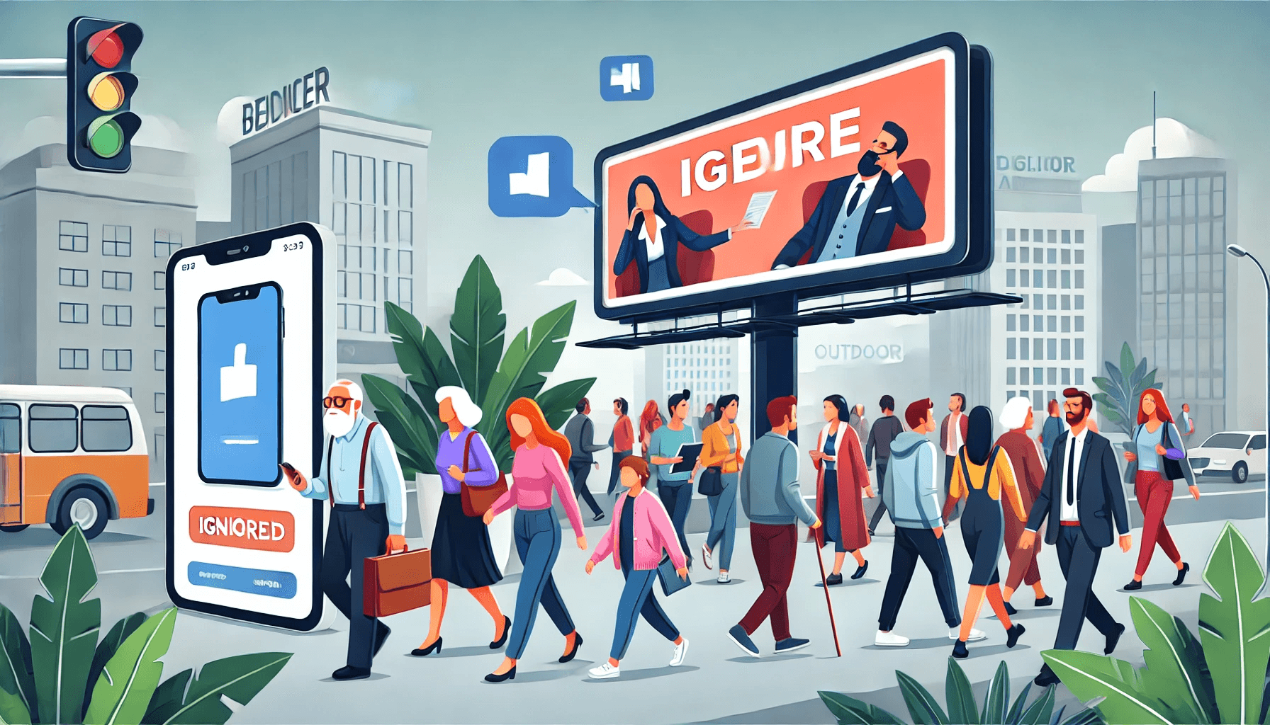 屋外広告がシニア層や学生など幅広いターゲットに届く様子