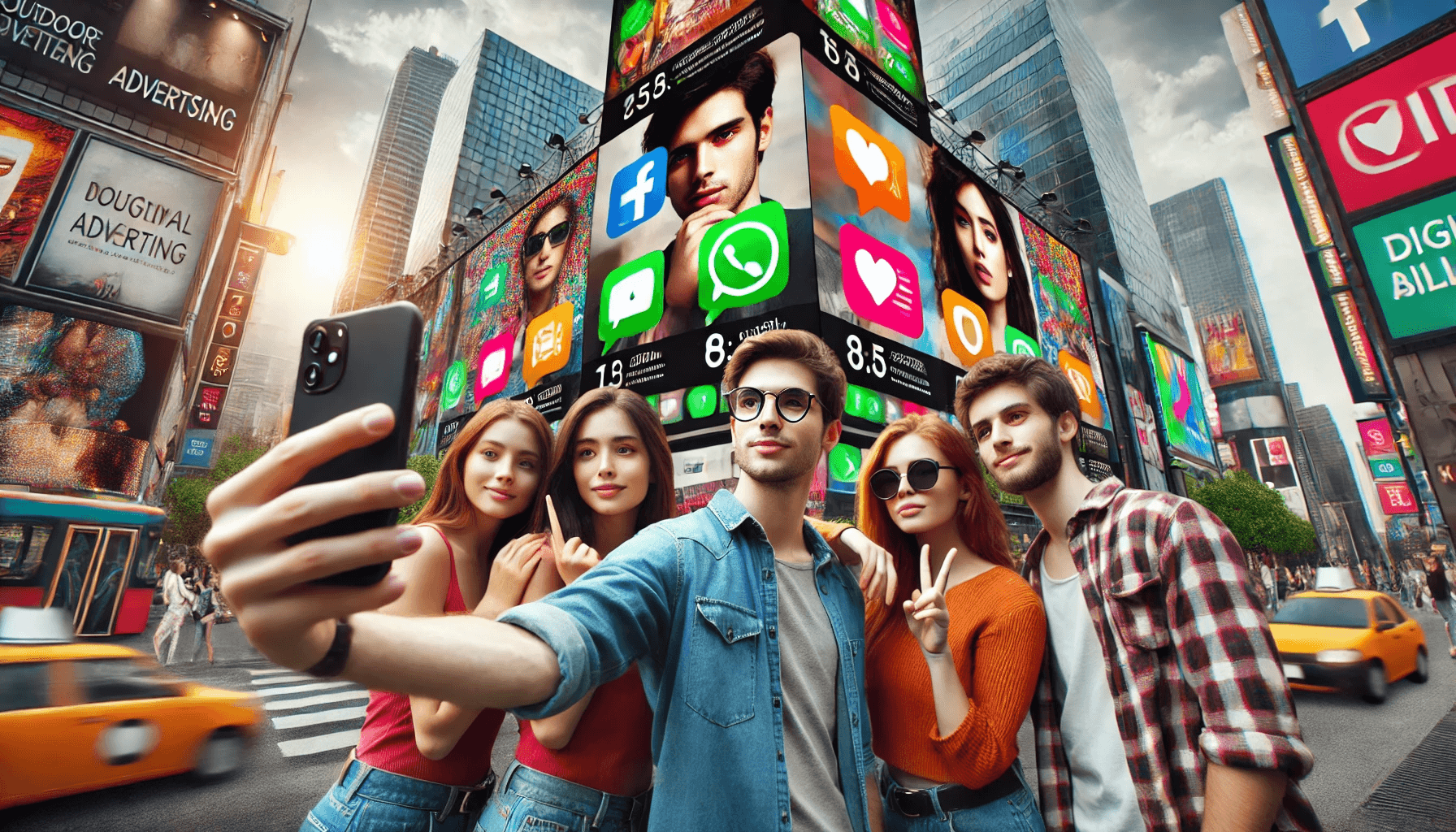 若者が屋外広告を撮影し、SNSでシェアする様子。画面には「いいね!」や「シェア」のアイコンが表示されている