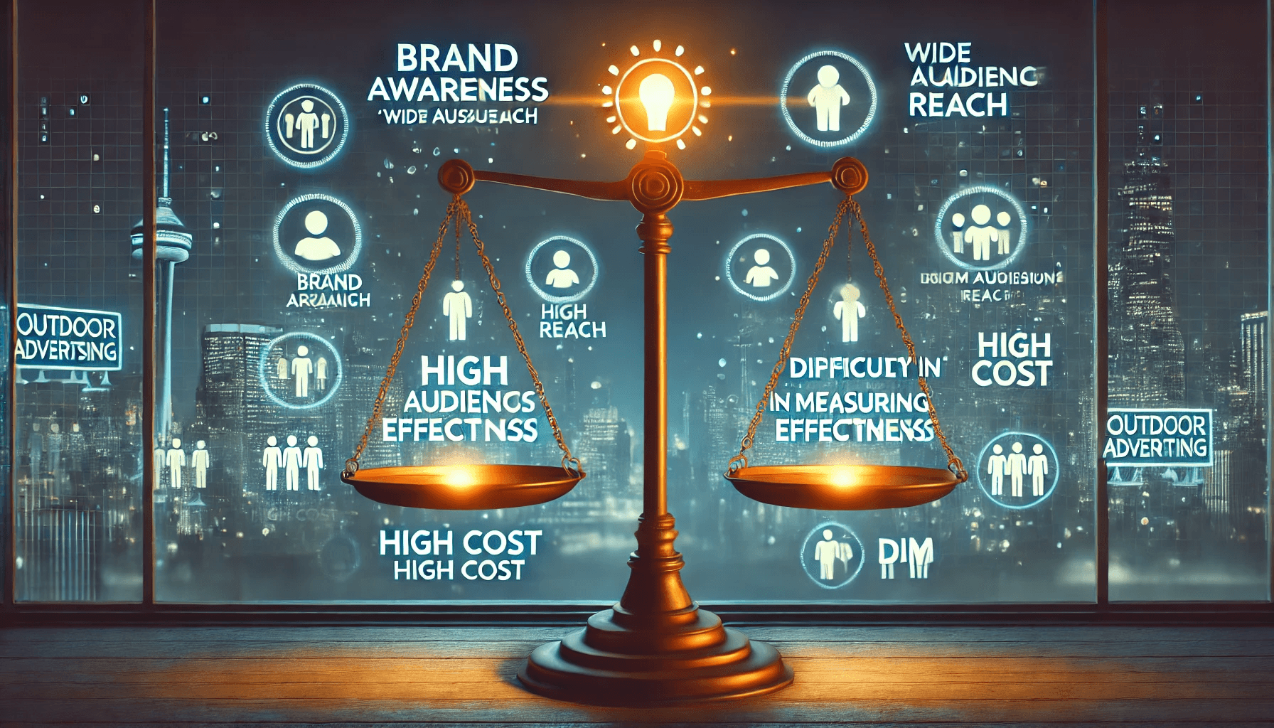 屋外広告のメリットとデメリットを示した天秤のイラスト