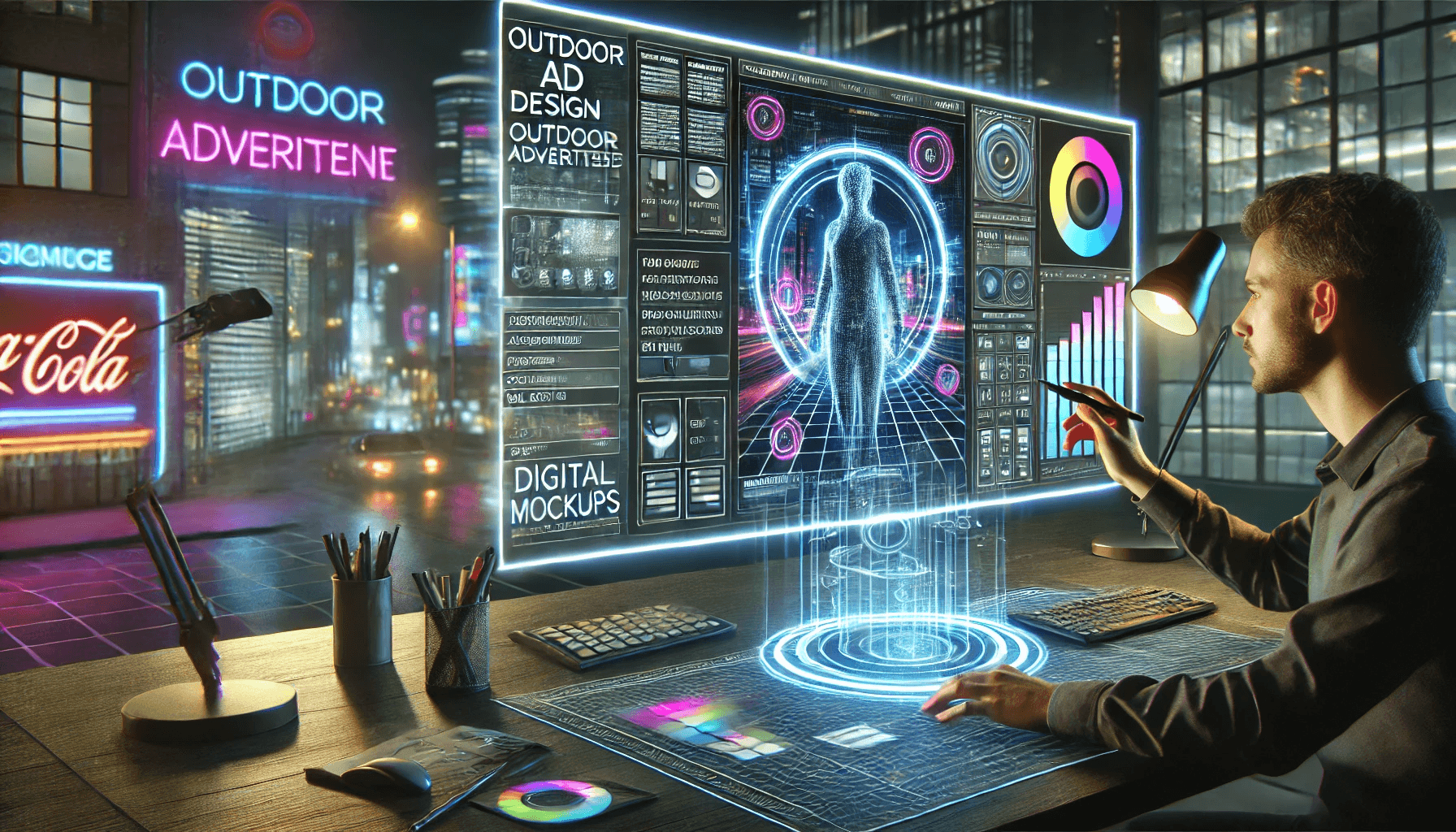 デザイナーが広告ビジュアルを調整しているシーン