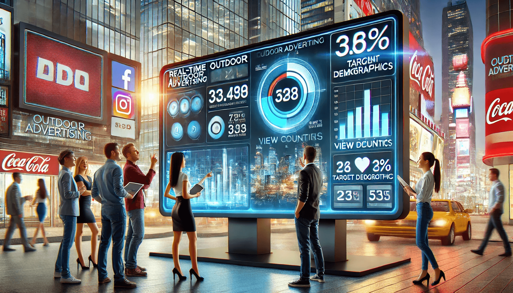 屋外広告のデータ分析ダッシュボード。視認率やターゲット層、SNS連携のデータが表示されている