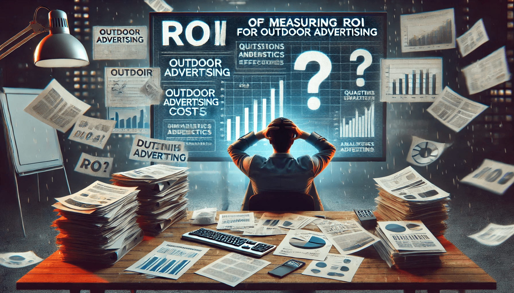 マーケティング担当者が屋外広告の費用と効果測定のデータを前に悩む様子